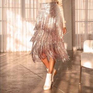 Rose gold sequin and fringe skirt.